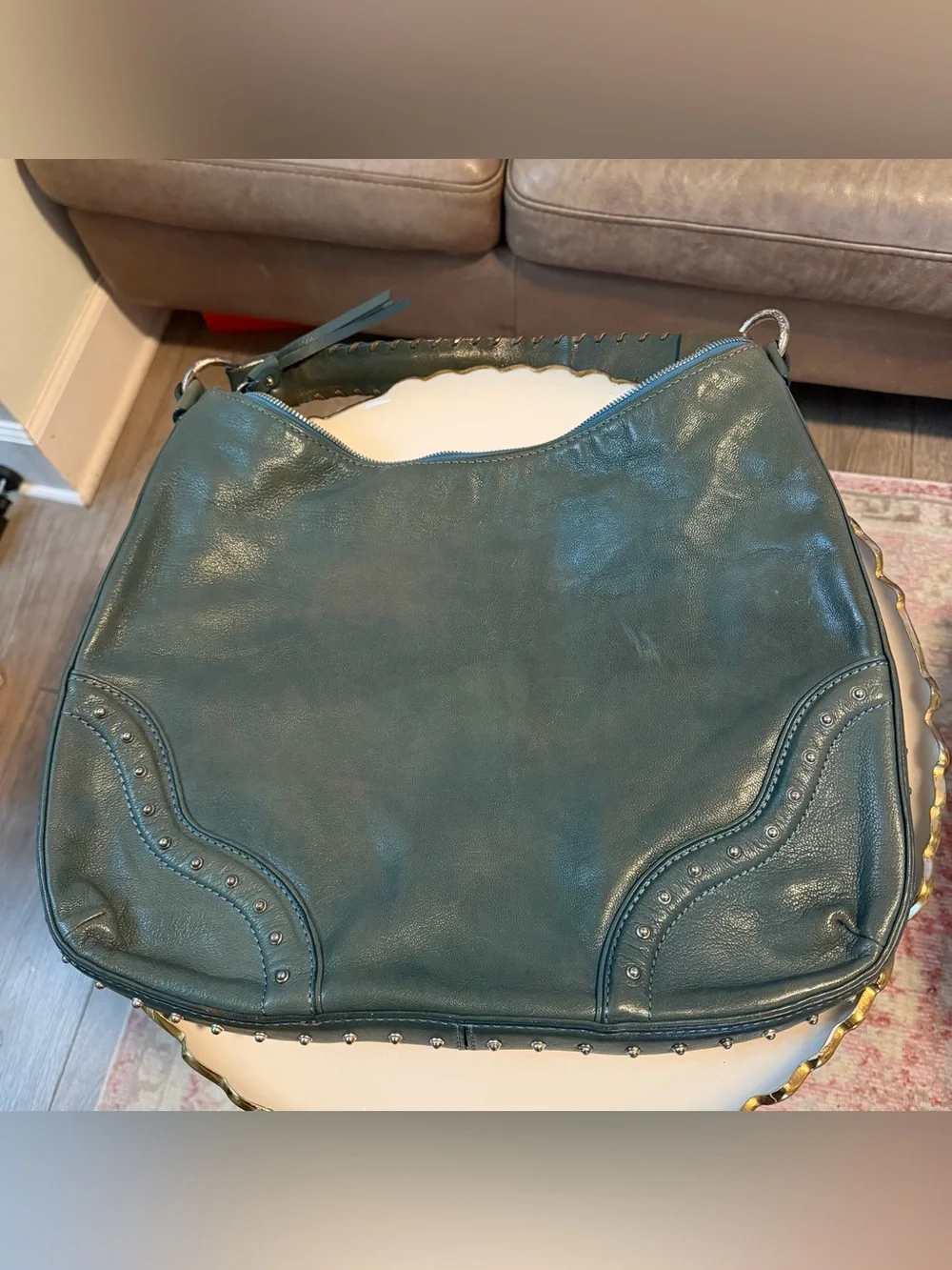 Vintage Michael Kors Teal Studded Leather Hobo Shoulder Bag Large